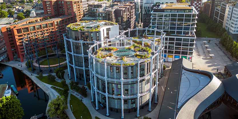 Aerial shot of older and modern buildings